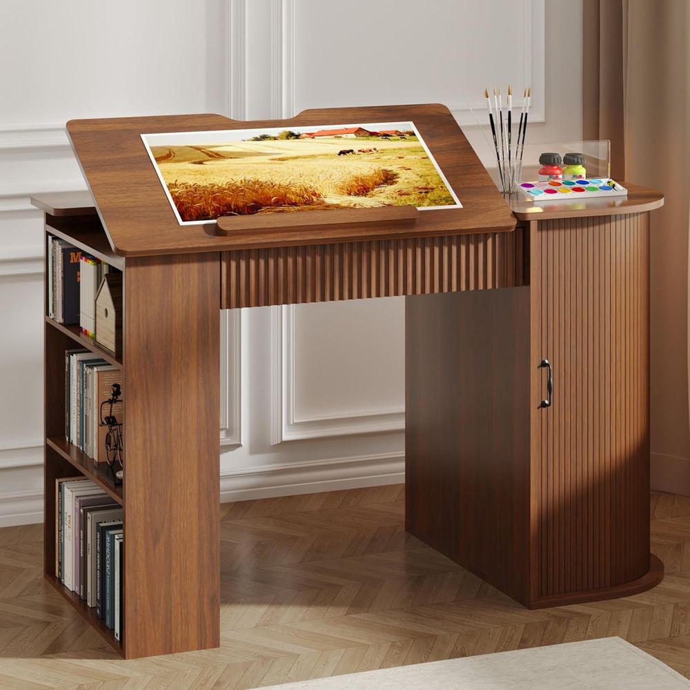 Leather Work - Storage Cabinet Desk with Drawers, Open