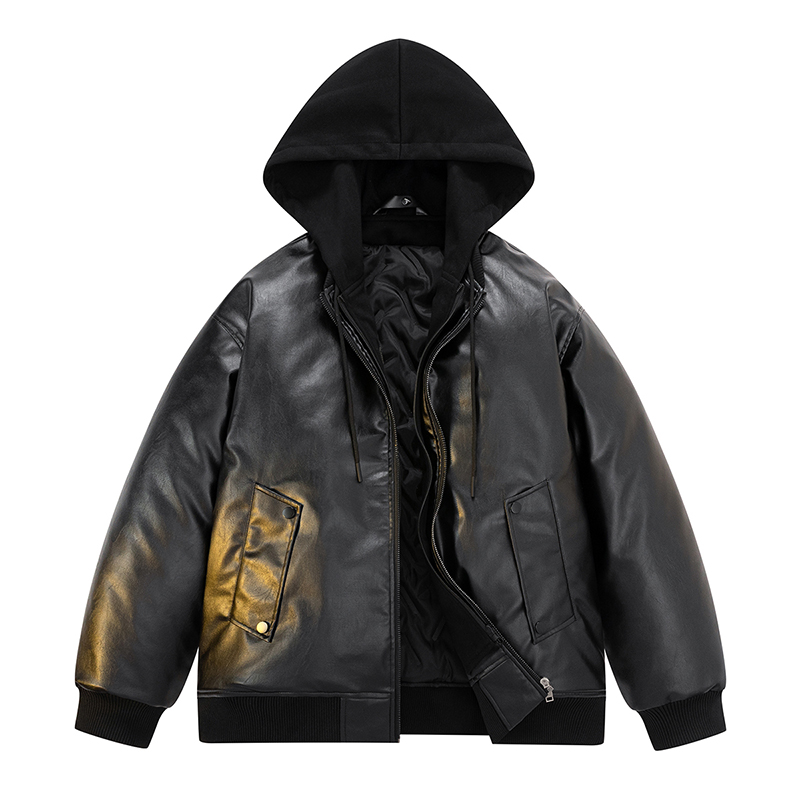 Leather Work Jacket With Hood - Men Down Cotton Jacket PU Leather