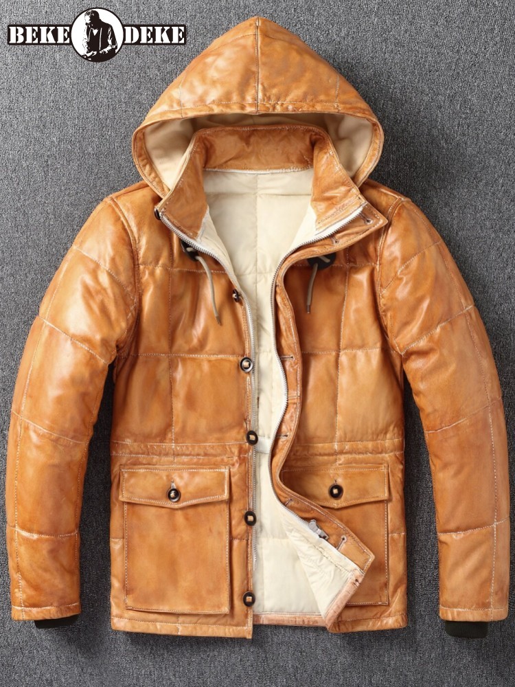 Winter Mens Sheepskin Genuine  - Leather Work Jacket With Hood reseña y precio