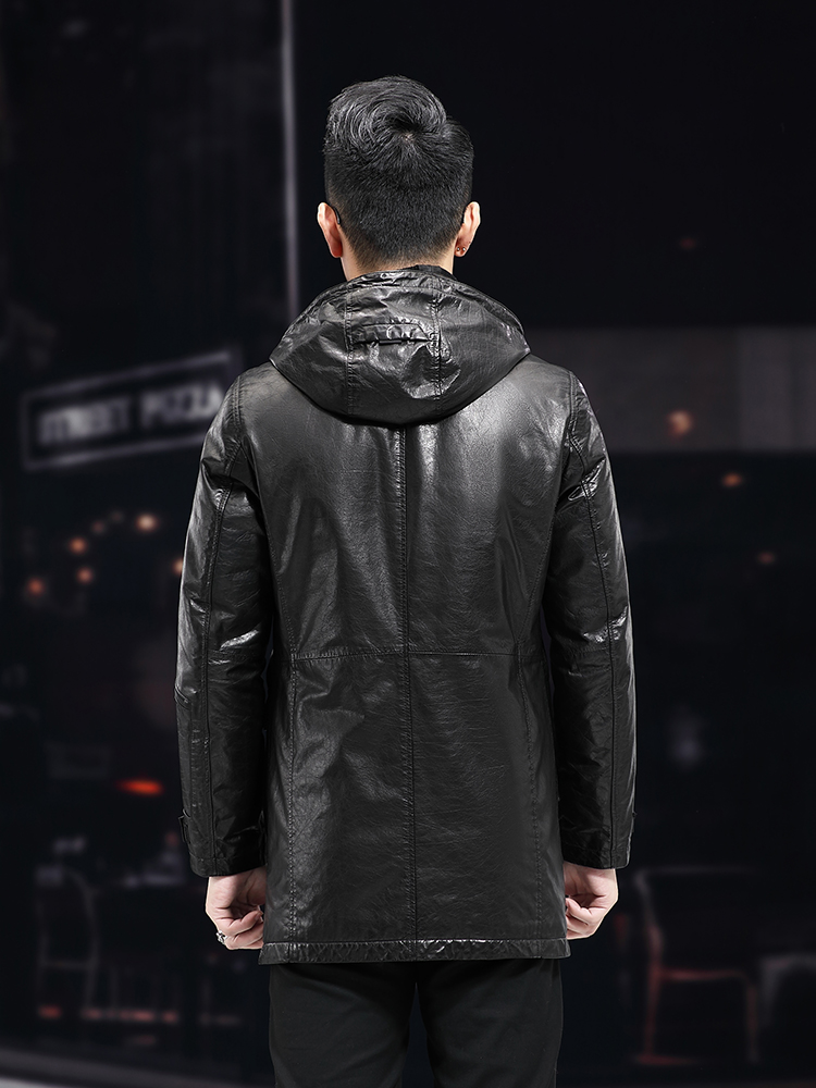 Men Winter Warm Mid Long Oil W - Leather Work Jacket With Hood reseña y precio