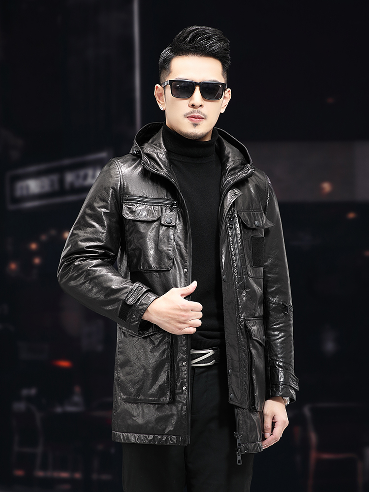 Men Winter Warm Mid Long Oil W - Leather Work Jacket With Hood reseña y precio