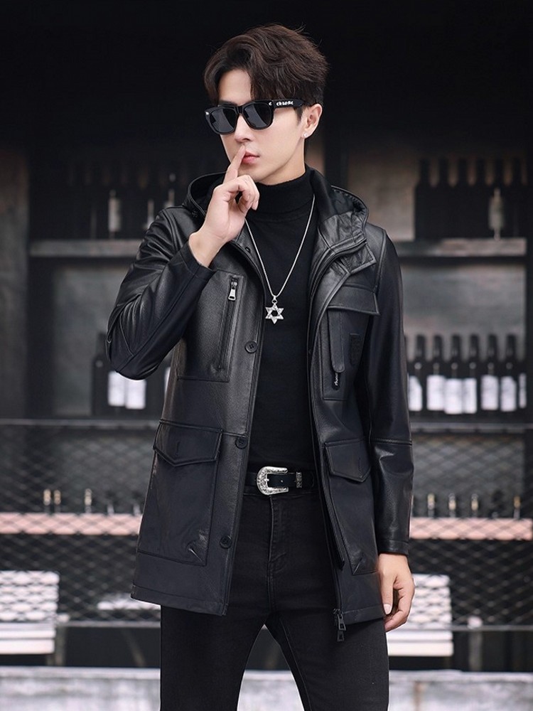 Winter Business Men Work Mid L - Leather Work Jacket With Hood reseña y precio