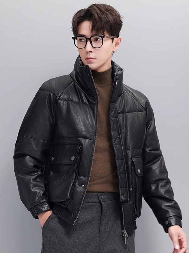 Winter Mens Warm Goose Down Ja - Leather Work Jacket With Hood reseña y precio