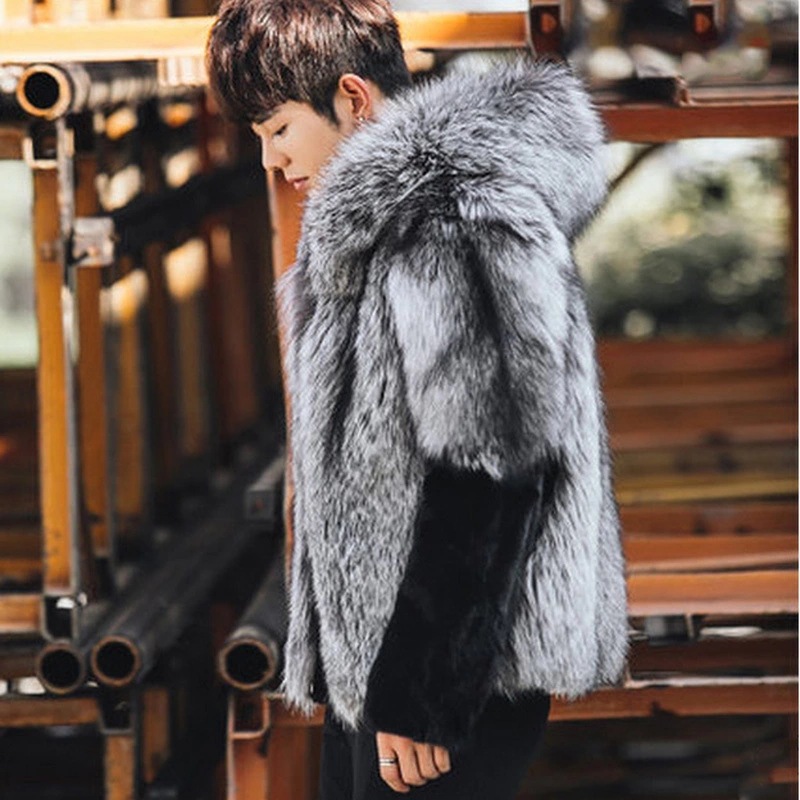 2026 Men Faux Fur Fox Coats Sh - Leather Work Jacket With Hood reseña y precio