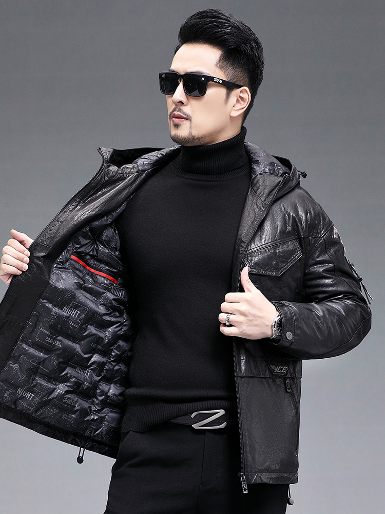 Winter Men Warm Real Goatskin  - Leather Work Jacket With Hood reseña y precio