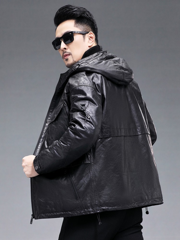 Winter Men Warm Real Goatskin  - Leather Work Jacket With Hood reseña y precio