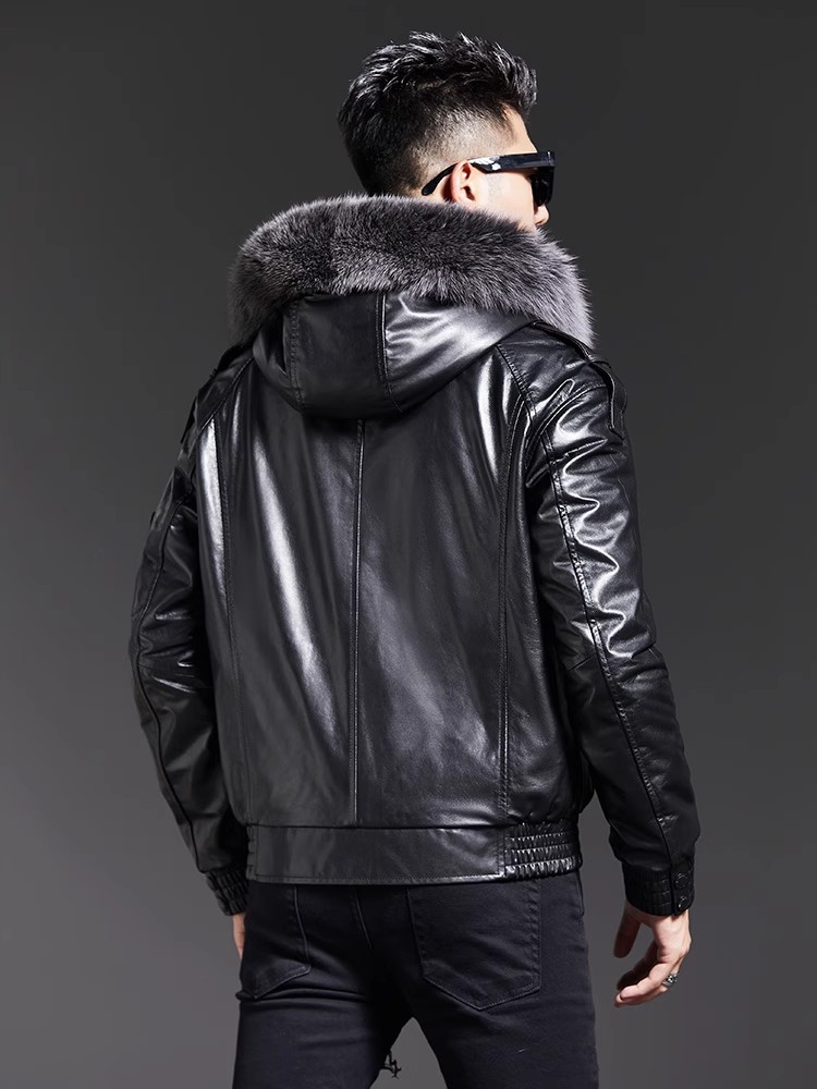 Fashion Mens Winter Fox Fur Co - Leather Work Jacket With Hood reseña y precio